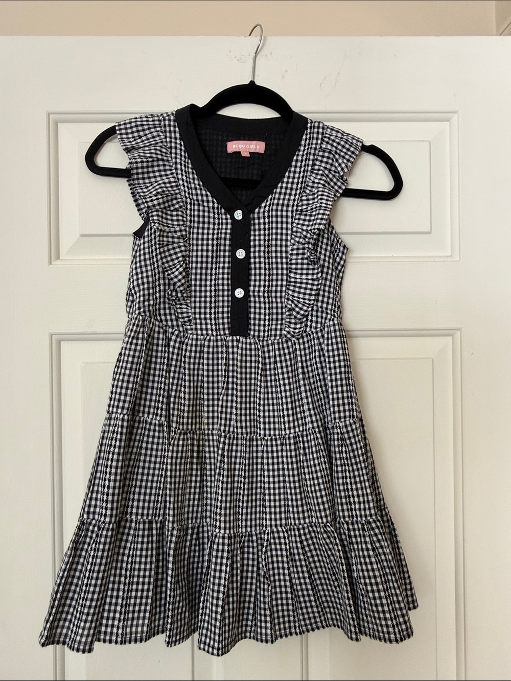 BCBG Black and White Gingham Ruffle Tiered Dress